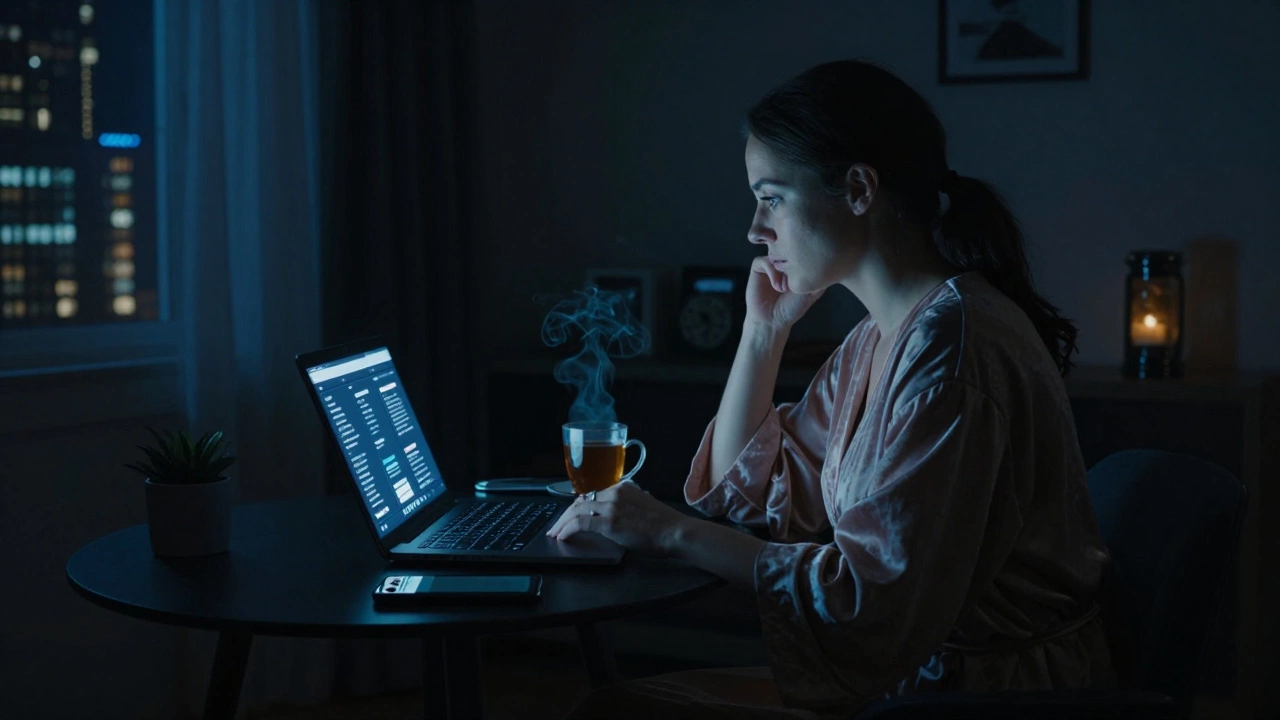 A woman in a quiet apartment in International City, working on her laptop with encrypted messages glowing on screen.
