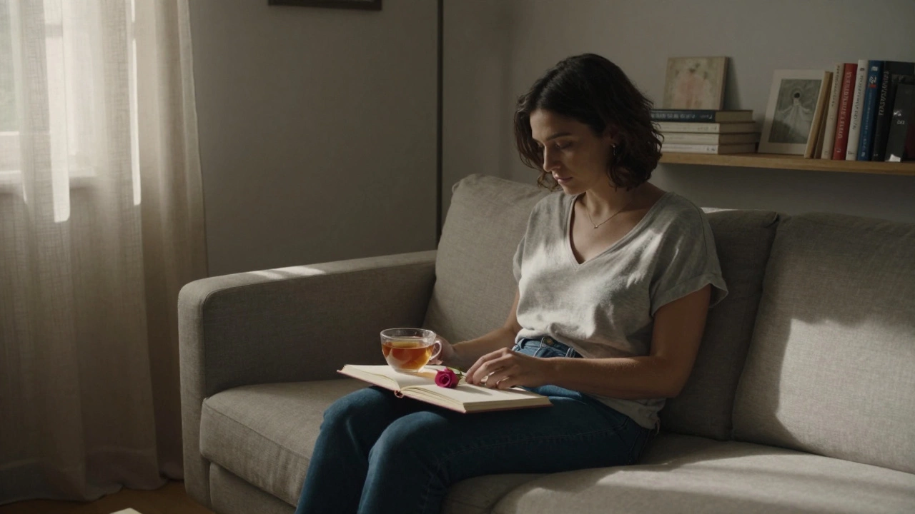A woman sits peacefully in a modest apartment, a pressed rose open on a journal beside her tea cup.