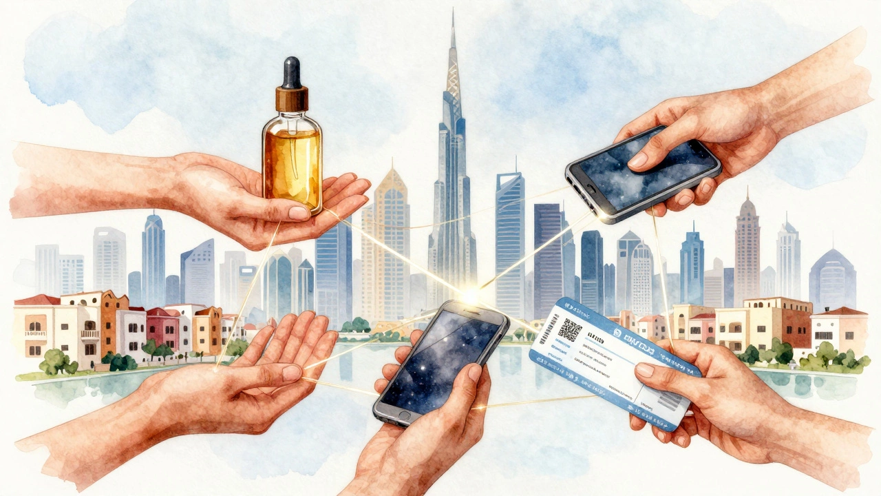 Interconnected hands symbolizing the hidden network of companionship, massage services, and migration in Dubai.