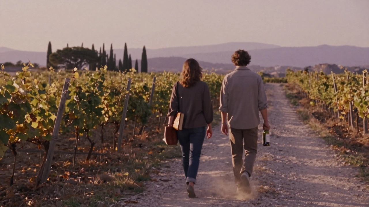 Two figures stroll through a sunlit vineyard near Ramatuelle, carrying a book and bottle of wine.